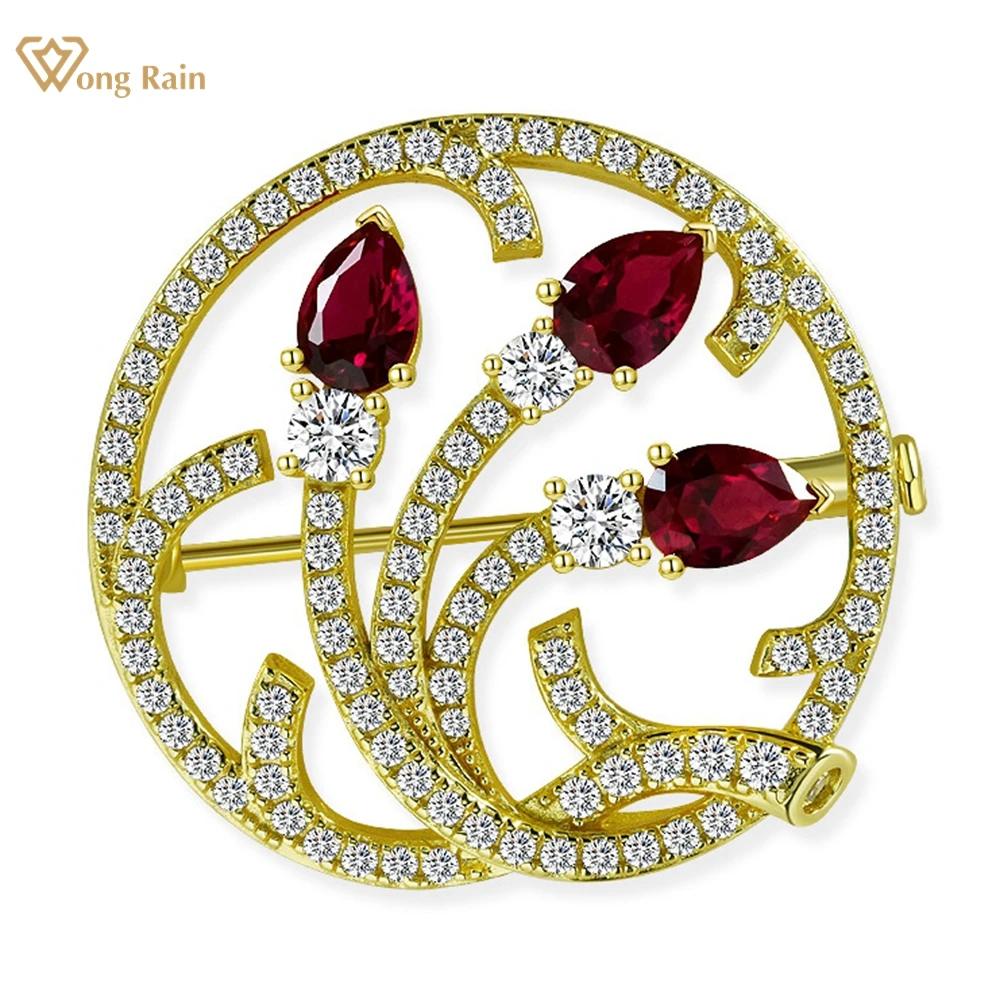 

Wong Rain 18K Gold Plated 925 Sterling Sliver Pear Cut 5*7 MM Ruby High Carbon Diamond Gemstone Elegant Brooch Brooches Jewelry