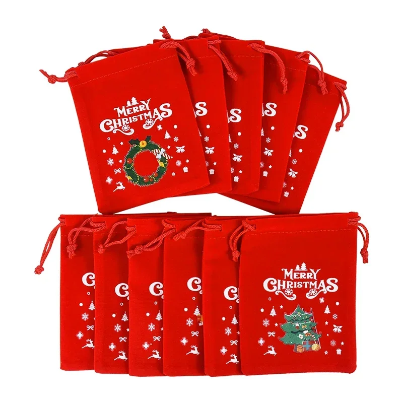 5Pcs/Lot Xmas Patterns Velvet Bags 9x12 15x20cm Small Christmas Candy Gift Bag Drawstring Pouch Boutique Jewelry Packaging Bags