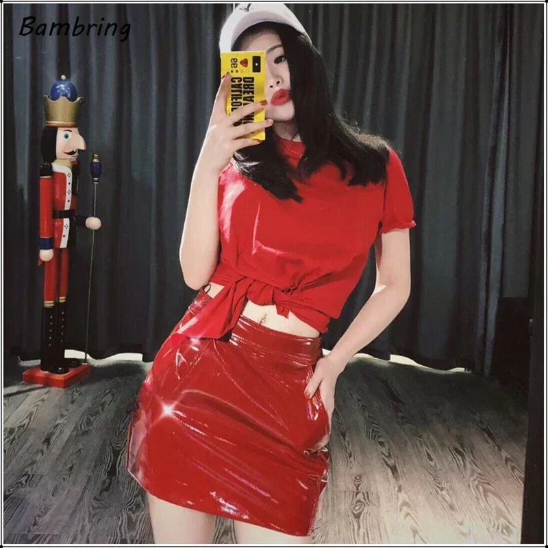 

Women's High Waist Shiny Faux Leather Mini Skirts, Customizable Red A-line Dress, Office Lady, Summer Fashion