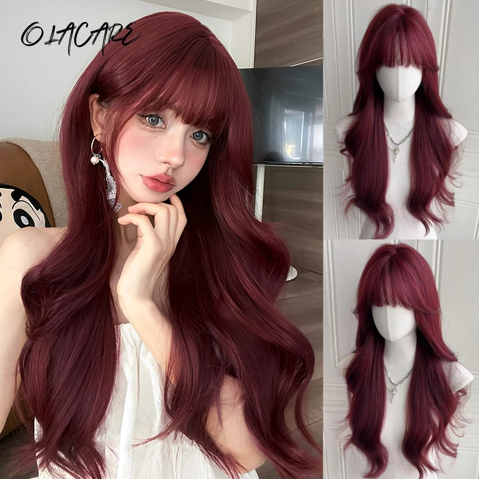 

Burgundy Synthetic Wig Ladies Middle Part Natural Large Waves Long Curly Hair Daily Cosplay High Temperature Silk Headgear LM