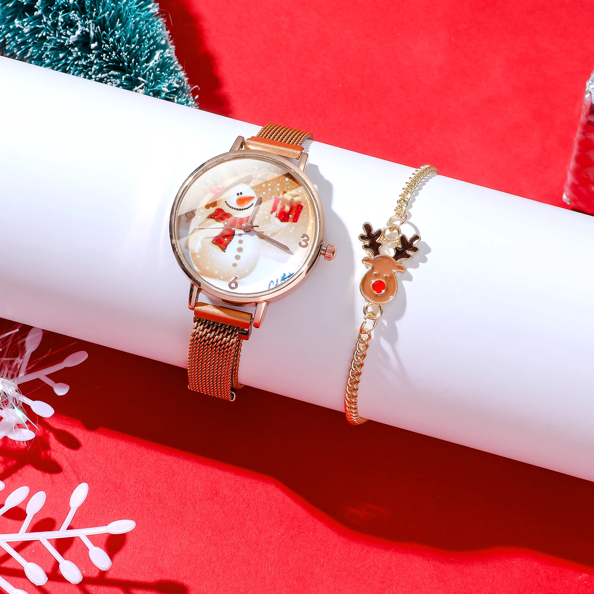 Christmas watch snowman gift pattern net quartz wristwatch reindeer theme accessory set, Christmas premium gift