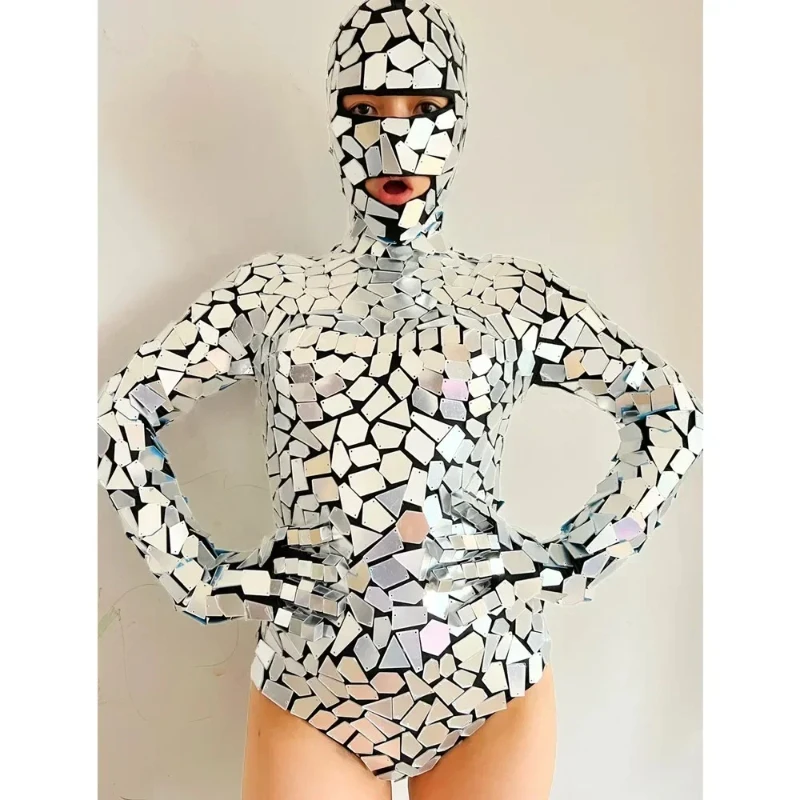 Kombinezon lustrzany damski strój taneczny dla zespołu scenicznego, kostium do tańca jazzowego w stylu technologii przyszłej, cekinowy trykot z rękawiczkami.