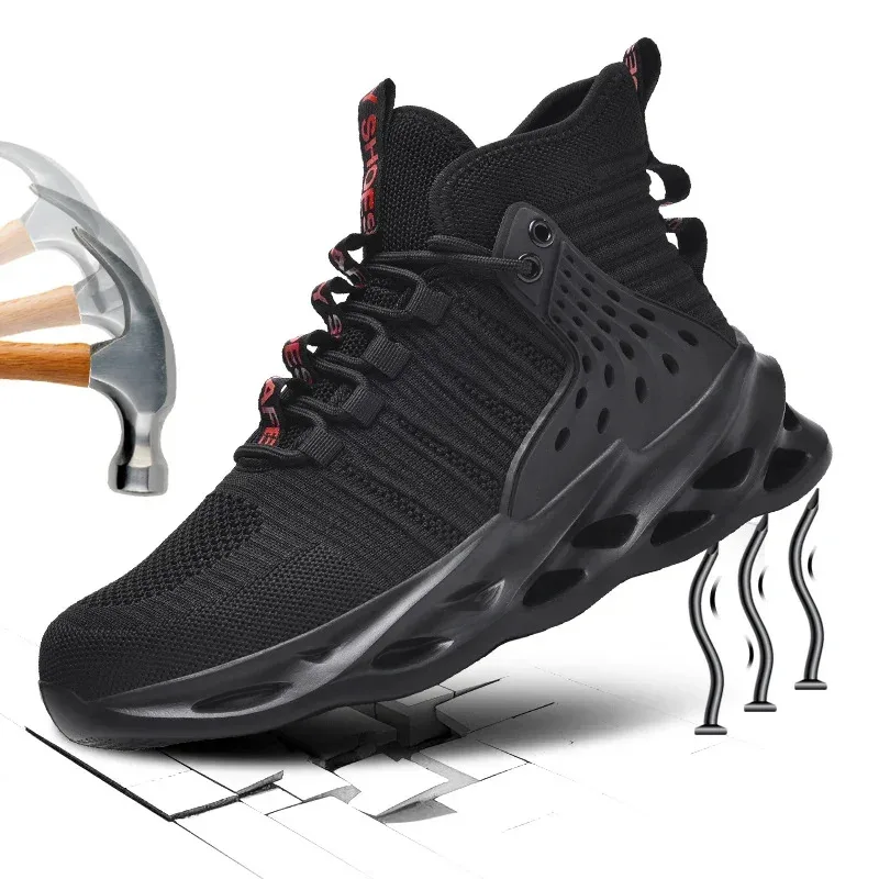 أحذية أمان غير قابلة للانزلاق للرجال، أحذية رياضية برأس فولاذي، مقاومة للثقب، زر دوار، أحذية عمل، أحذية رياضية مضادة للسحق