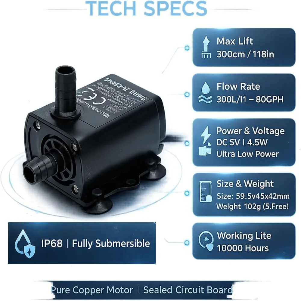 Durable Mini Submersible Water Pump Multifunction Low Noise Solar Fountain Pump Waterproof Adjustable Flow Mini Submersible Pump