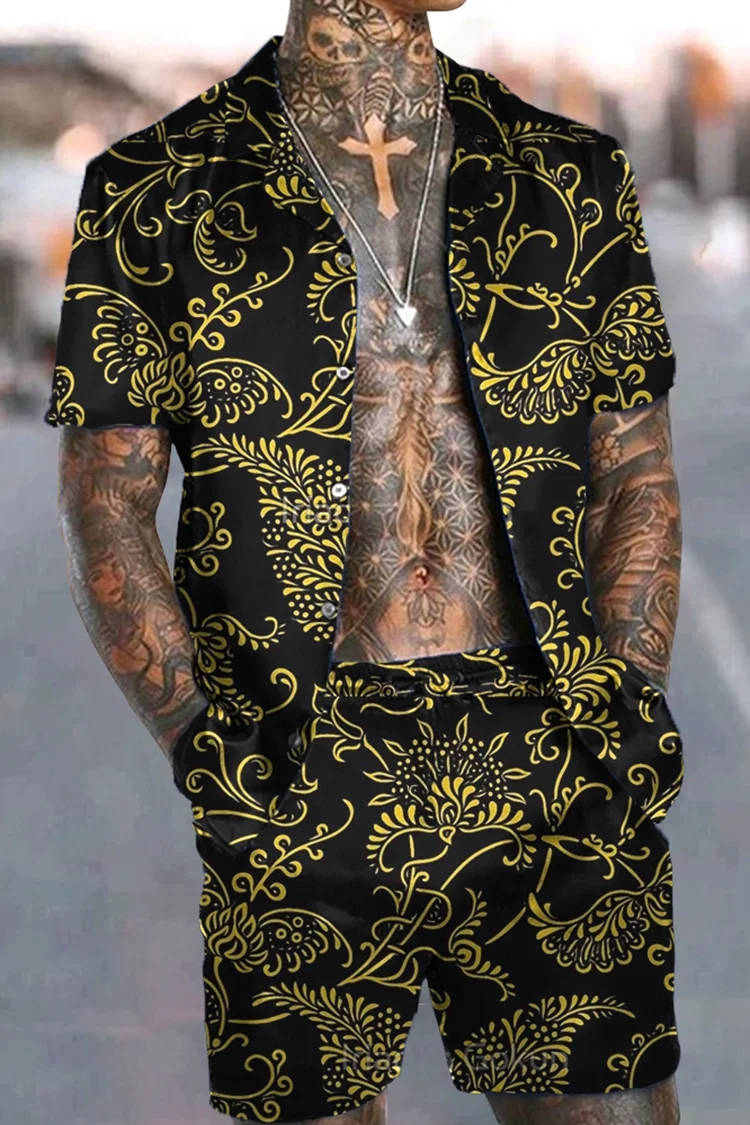 

Men's Summer Shirt 2 Piece Set Short Sleeve Beach Shorts Button-Up Stand-Collared Top Drawstring Trunks Suit for Casual Occasion