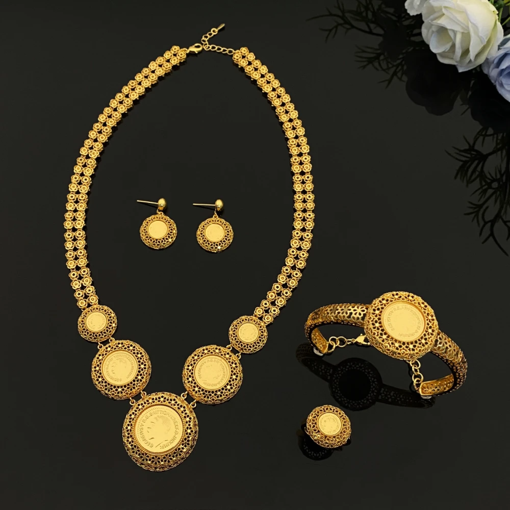 

JRH Human Head Gold Coin Gold-Plated Set Necklace Earrings Bracelet Ring Party Jewelry Banquet Women's ewelry