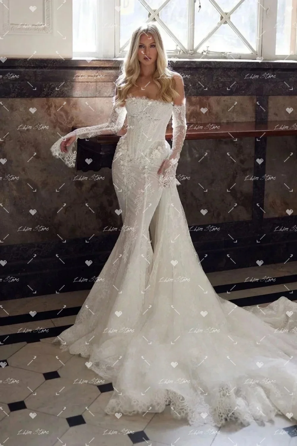 Lism Sexy Full Sleeve Vestidos De Novia Lujo Vestido Encaje Corte Sirena Mangas Desmontables Curvy Corset WeddingDressCustomzize