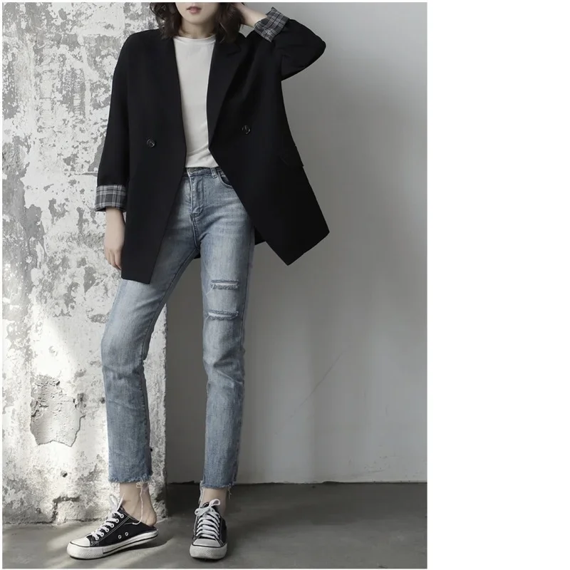 2023 Women Elegant Lapel Single Button Black Blazer Spring Autumn Gray Vintage Jacket Coat Ladies Workwear Female Formal Clothes