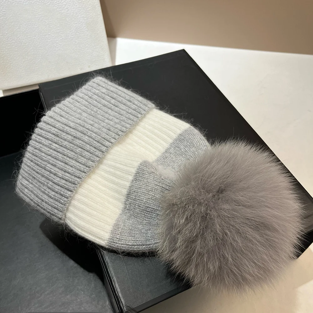 

Hat Pompom Of Real Fox Fur Women Winter Beanie Angora Knit Warm Accessory For Autumn Cold Weather Sports Skiing Outdoor Holiday