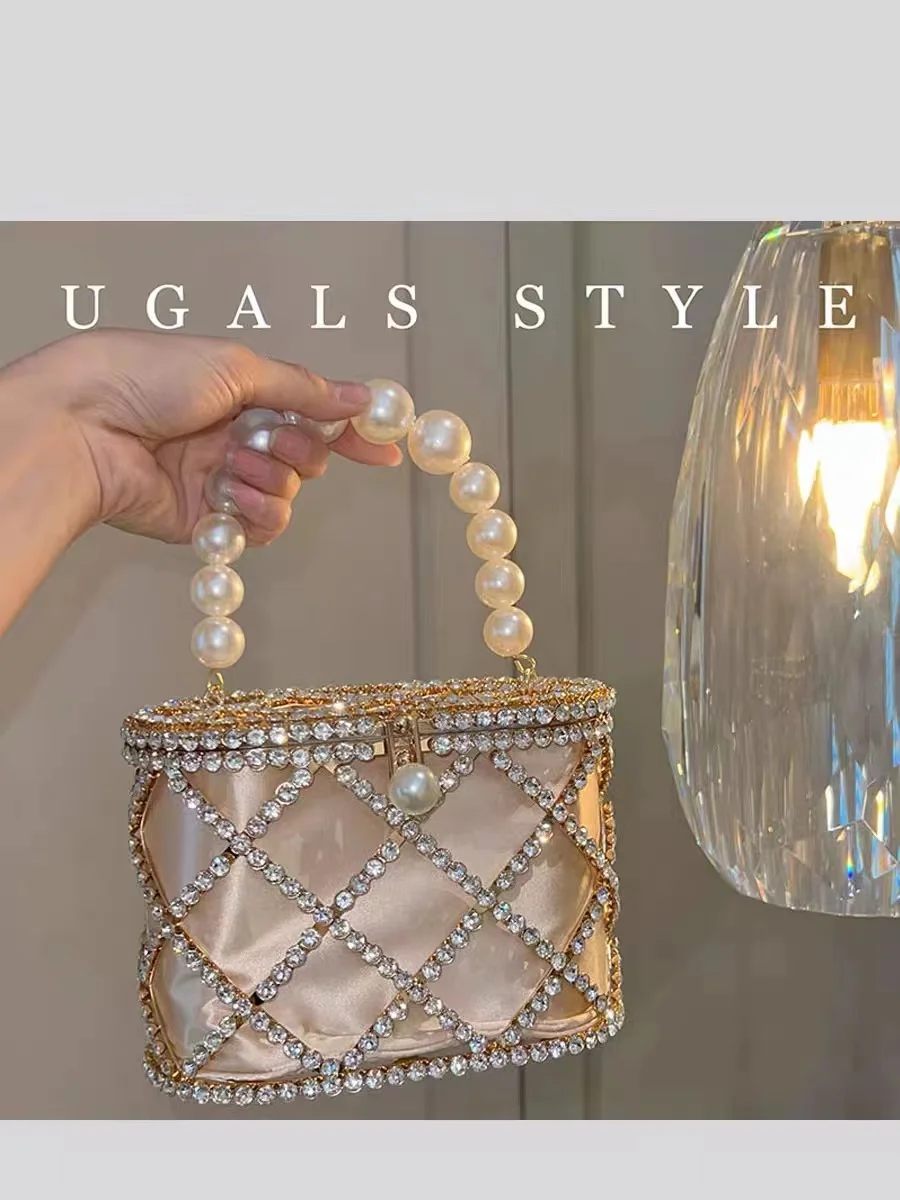 Luxury Metal Cage Crystal Diamonds Evening Bag Hollow Out Pearl Beaded Women\'s Handbag Wedding Party Clutch Purse Crossbody Bag