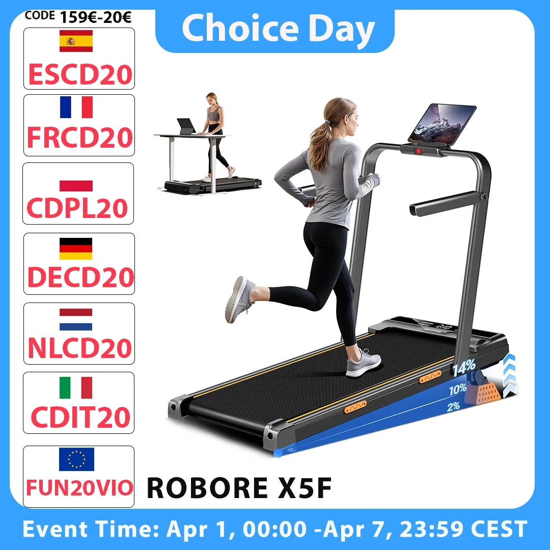 Tapis roulant pliable ROBORE X5F avec inclinaison de 14 %, moteur silencieux de 2,5 CV, vitesse maximale de 10 km/h, charge maximale de 150 kg, inclinaison à 3 niveaux, écran LED