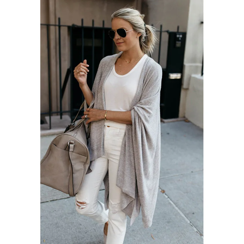 

Spring Autumn Women Knitted Cardigan Medium Long Loose Irregular Hem Sweater Coat