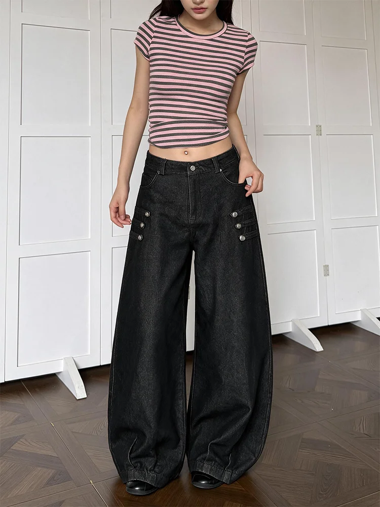 Large Size American Washed Retro Design Double Side Button Black Knife  Jeans Women Loose Casual Wide Leg Pants
