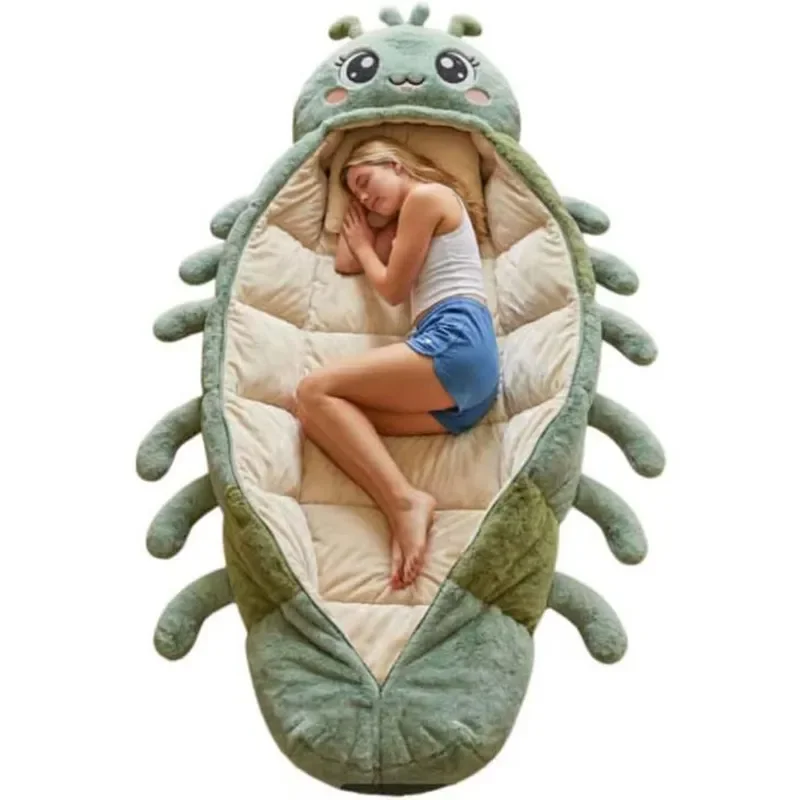 Creative Caterpillar Shaped Sleeping Bag Portable Outdoor Camping Hugging Pillow Soft Plush Travel Nap Blanket for Kids