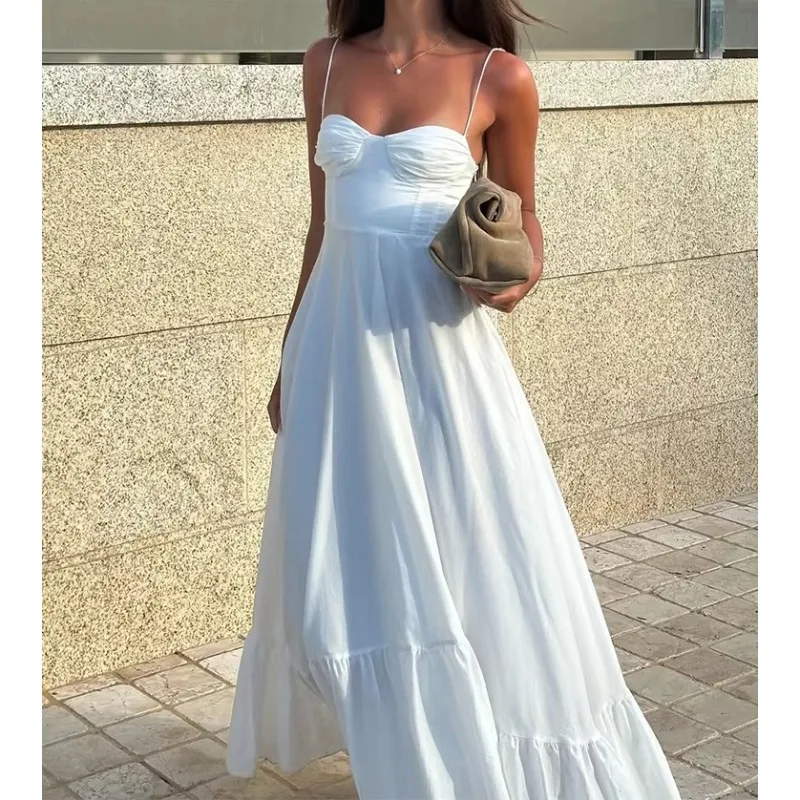 Soild Suspender Dress Women Street Casual Loose Sexy Off Shoulder Sleeveless Maxi Dress Vacation Party Beach Long Dress