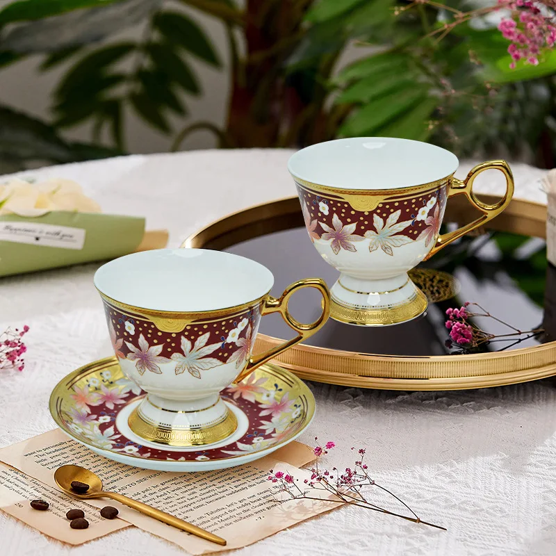 

HYS embossed gold maple leaf pattern bone china coffee cup and saucer set luxury gold-painted afternoon tea cup set