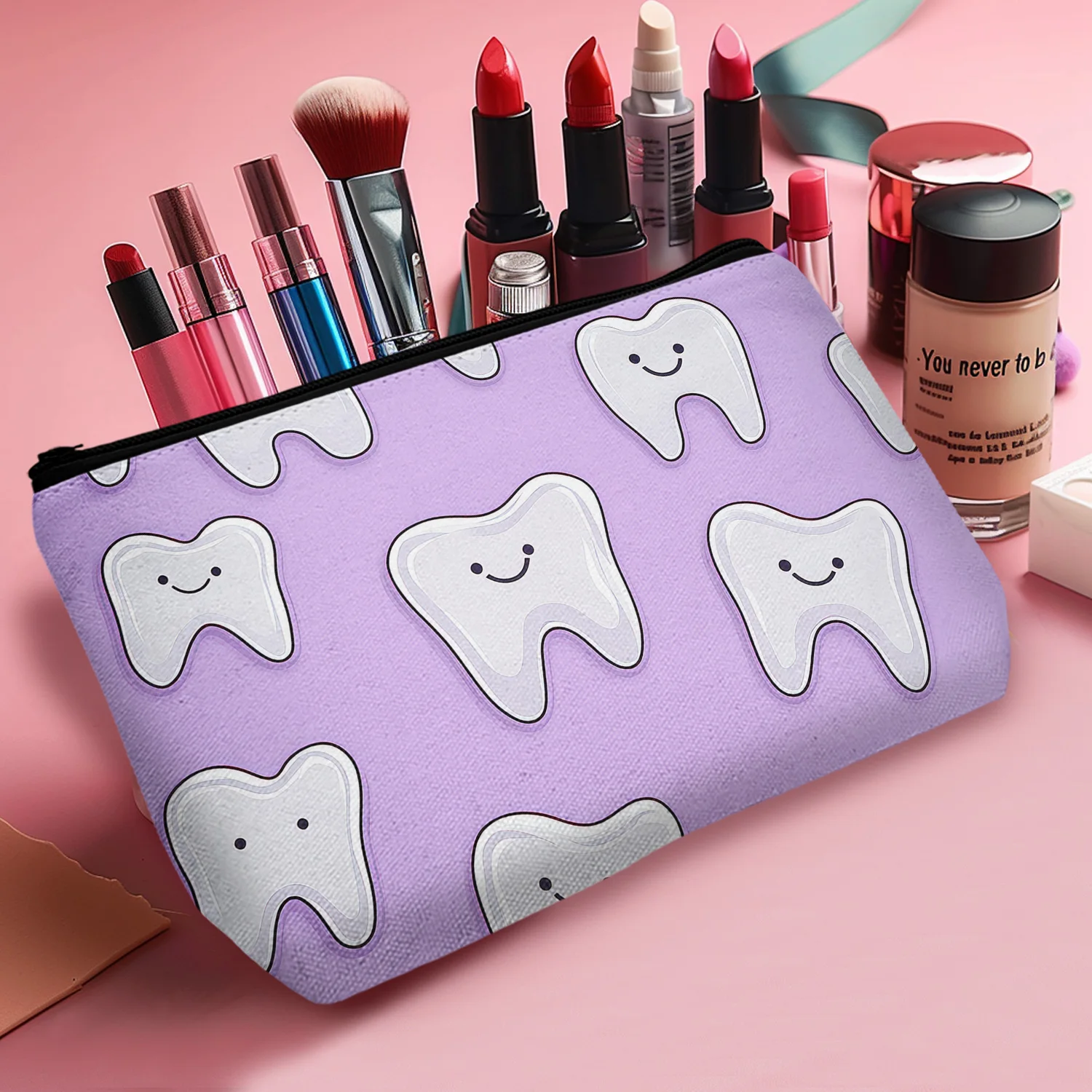 1Pc Tooth Pattern Makeup Bag Purple Background Happy Anthropomorphic Expression Tooth Makeup Bag 8.66X5.51Inch