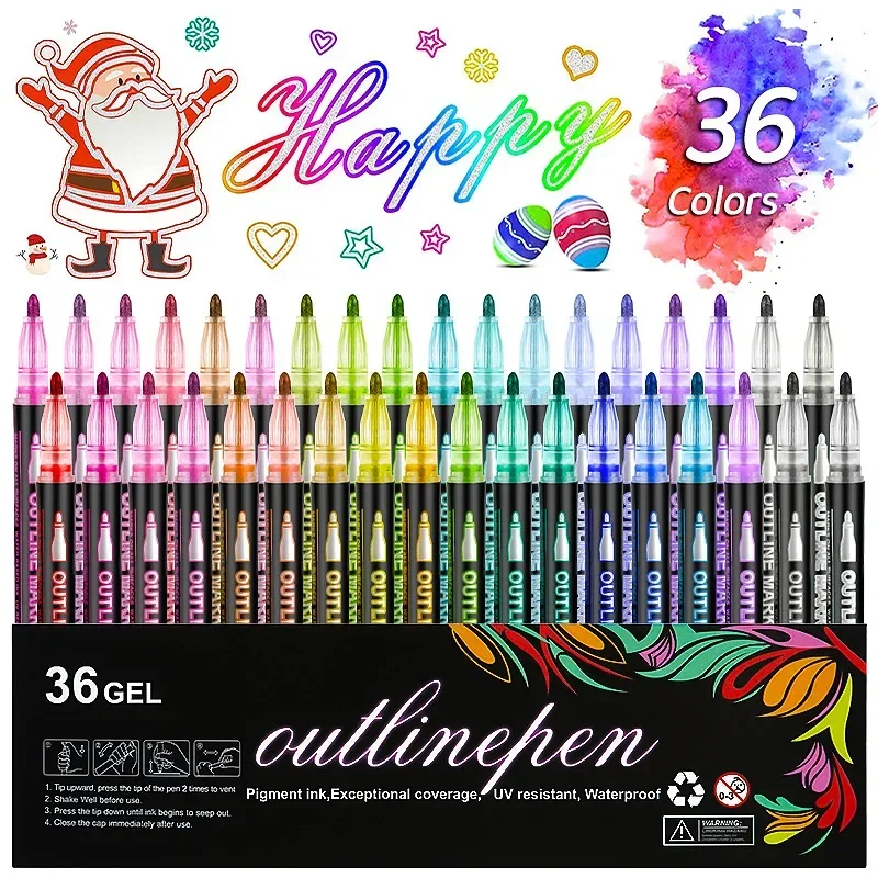 8/12/24/36 pena Glitter warna Set garis ganda pena garis warna metalik penanda Copic buku pegangan DIY Highlighter neon