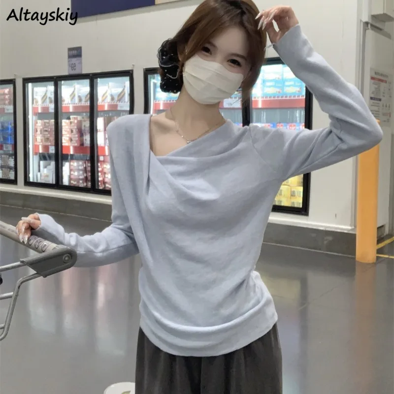 

Pullovers Women Irregular Knitted Tender Sweater Pleated Long Sleeve Square Collar Solid All-match Korean Style Sweet College