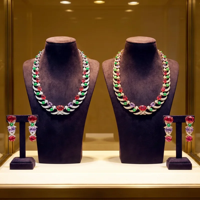 Europe America Style Earrings Necklace Women Lady Inlay Cubic Zircon Synthetic Ruby Green Beads Crescent Chain Jewelry Sets