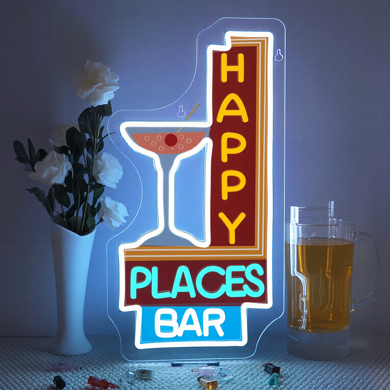 

Happy Places Bar Неоновая вывеска УФ-принт с регулируемой яркостью вывеска Настенный декор для бара Спальня Игровая комната Домашняя вечеринка Человеческая пещера Декор