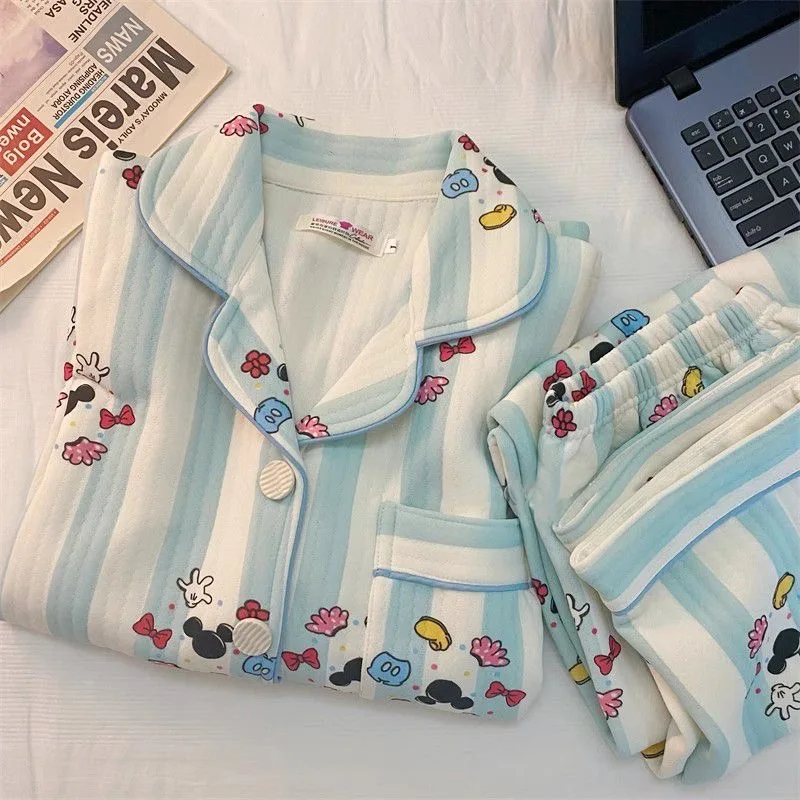 Cartoon Mouse Pajama Sets For Woman Winter Warm Quilting Knitted Cotton Sleepwear Cute Soft Long Sleeves Button Nightwear Pants