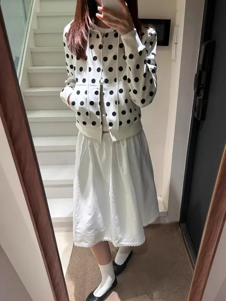 เสื้อฮู้ดลายจุดสไตล์เกาหลีสำหรับผู้หญิง ฤดูใบไม้ร่วง สไตล์ลำลอง ซิปสั้น มีฮู้ด สไตล์ Y2k สวยงามอเนกประสงค์