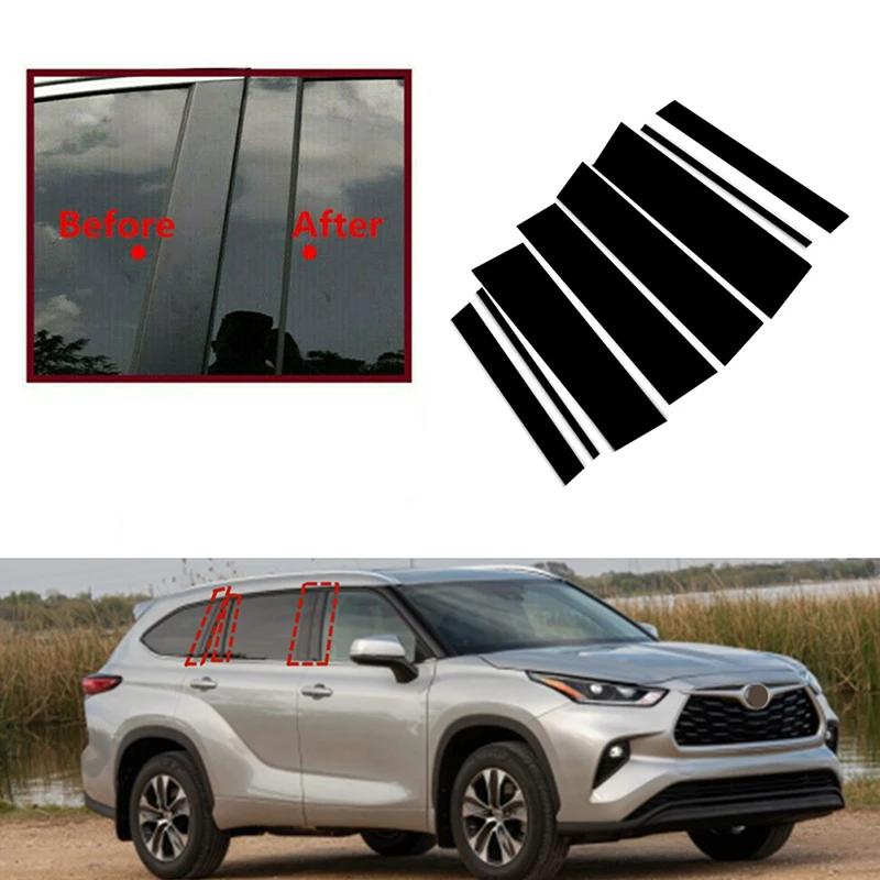 8pcs Set Glossy Black Window Door Side Pillar Post Trim Cover Decal Car Stickers Kit Fit for Toyota Highlander 2020 2021 2022