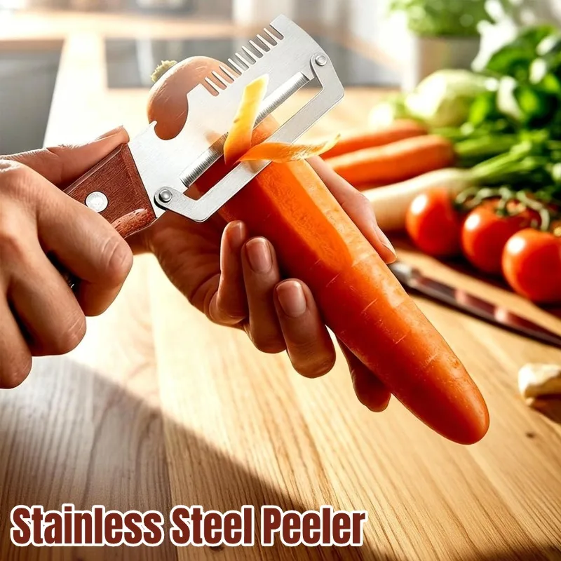 Pelador de verduras 3 en 1 de acero inoxidable con mango de madera, herramienta de cocina versátil para pelar y rebanar frutas y verduras