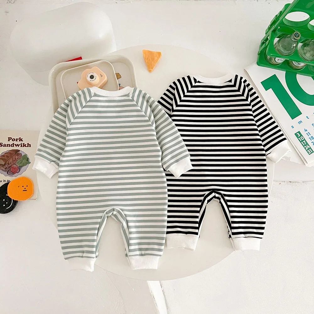 Baby Cute Dinosaur Rompers Infant Boys Striped Embroidery Jumpsuit 0-2T Toddler Long Sleeved Outwear Clothes