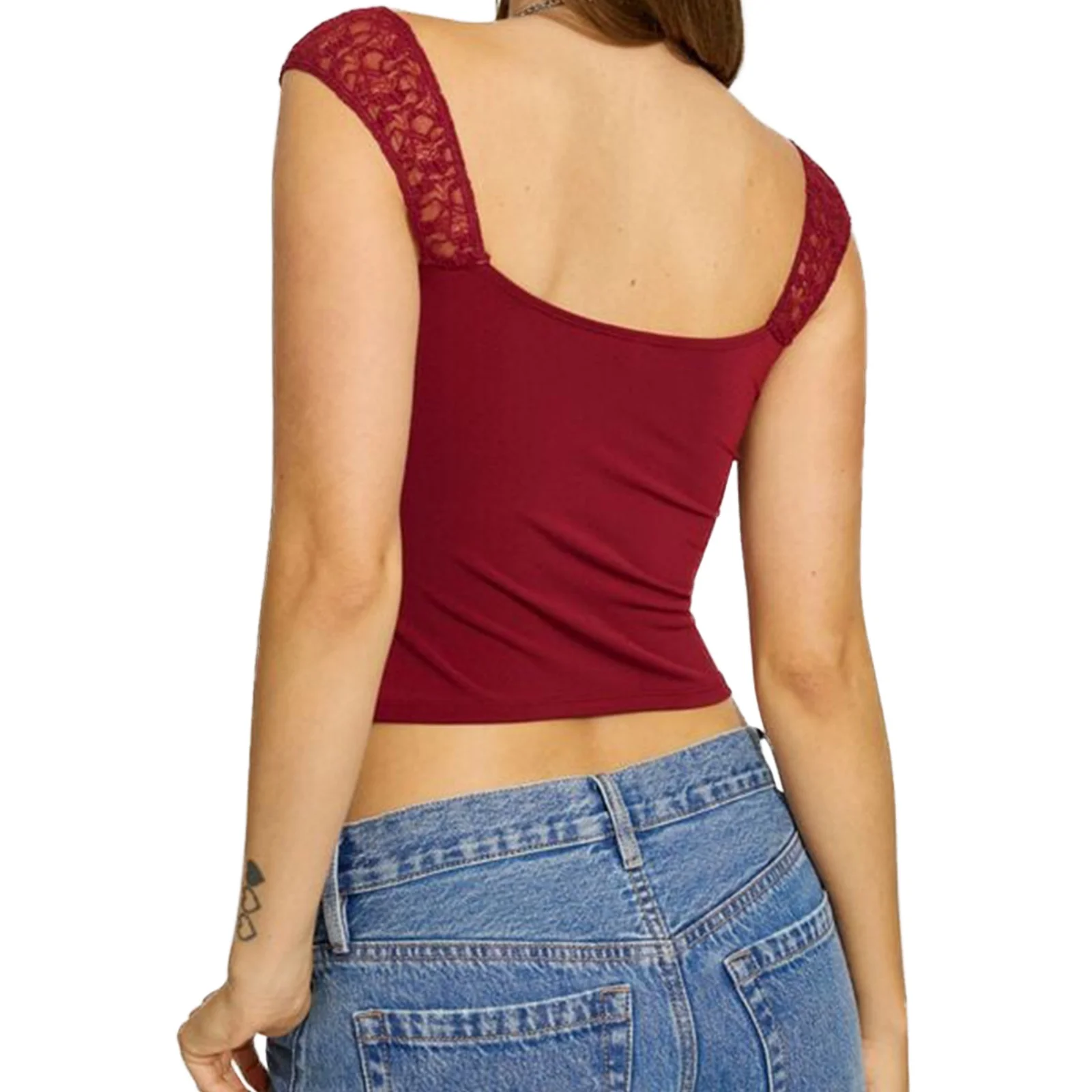 Sexy Clubwear Women’s Twist Front Crop Tank Tops Trendy Sweetheart Neck Lace Crop Tops Backless Slim Fit Solid Tanks