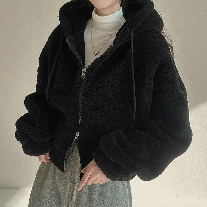 Thick Warm Loose Cropped Hoodies 2023 New Solid Color Lambhair Zipper All Match Coat Korean Fashion Chic Lantern Sleeves Coats