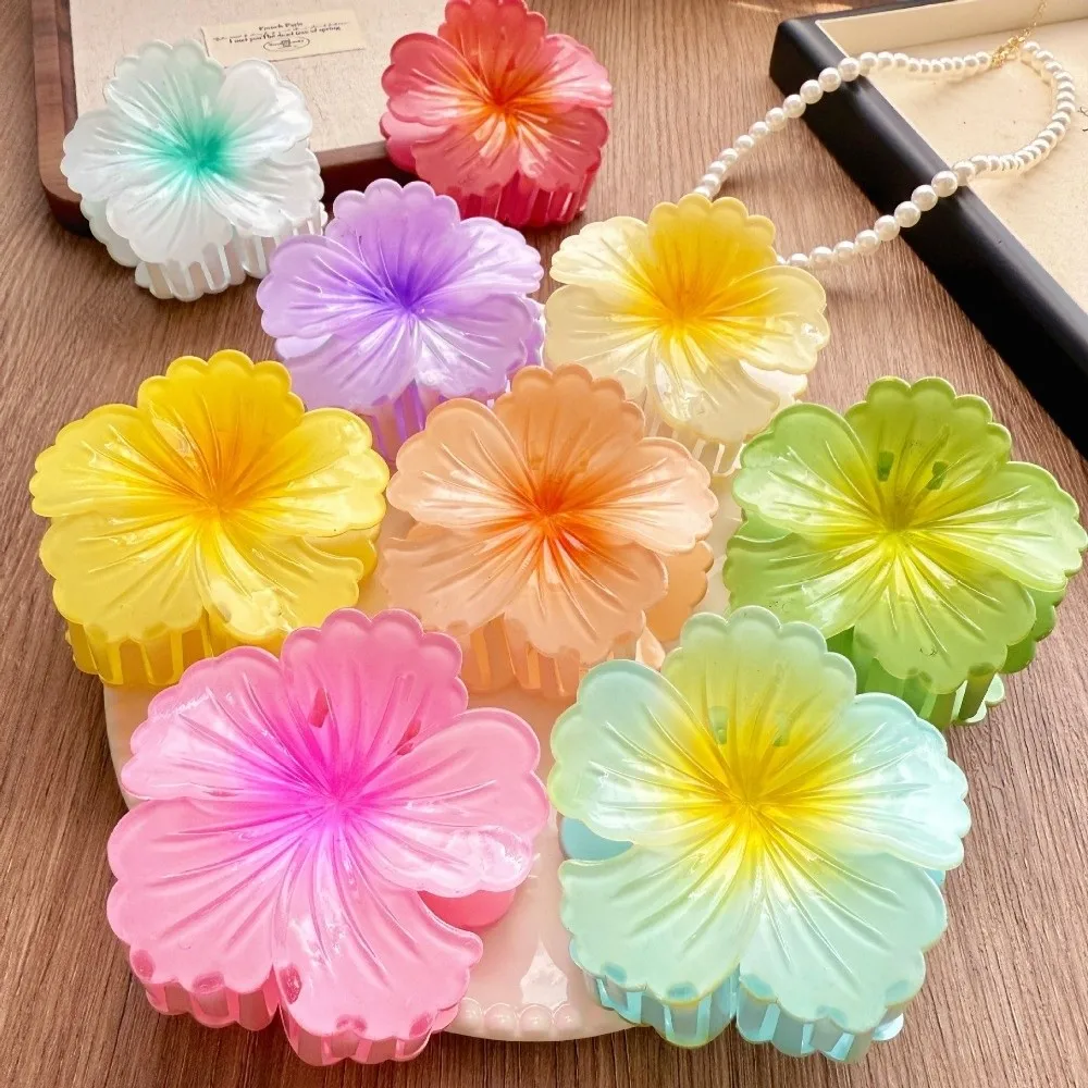 3-teiliges Set Farbverlauf-Haarklammern Hibiskus Acryl Hawaiianische Blumen-Haarspange Süße Blumen-Pferdeschwanzklammer Sommer-Haaraccessoires – Detail 3