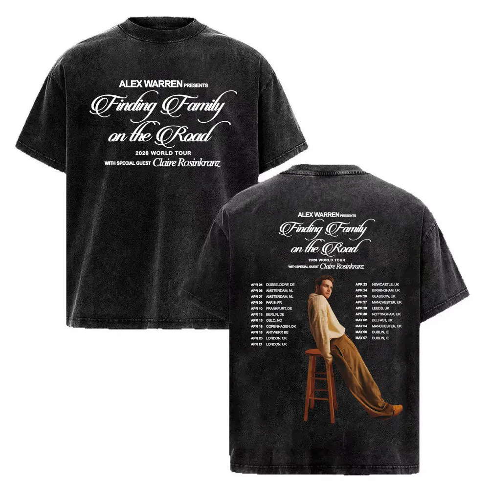 Alex Warren Finding Family on The Road 2026 World Tour Washed Vintage T Shirts Men Women Fashion Hip Hop Punk T-shirt Streetwear