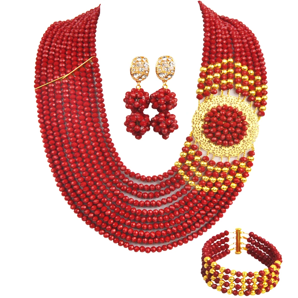 Nigerian bride wedding dress accessories Opaque red crystal necklace African wedding women's jewelry couple jewelry set YY-33