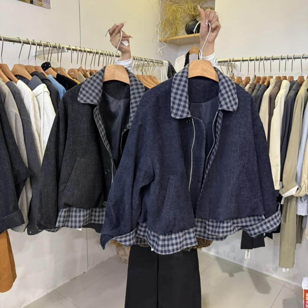 

Retro Color Block Fake Two-Piece Jacket Women's Loose American Style Spring Autumn Trendy Brand Cotton Outerwear Top