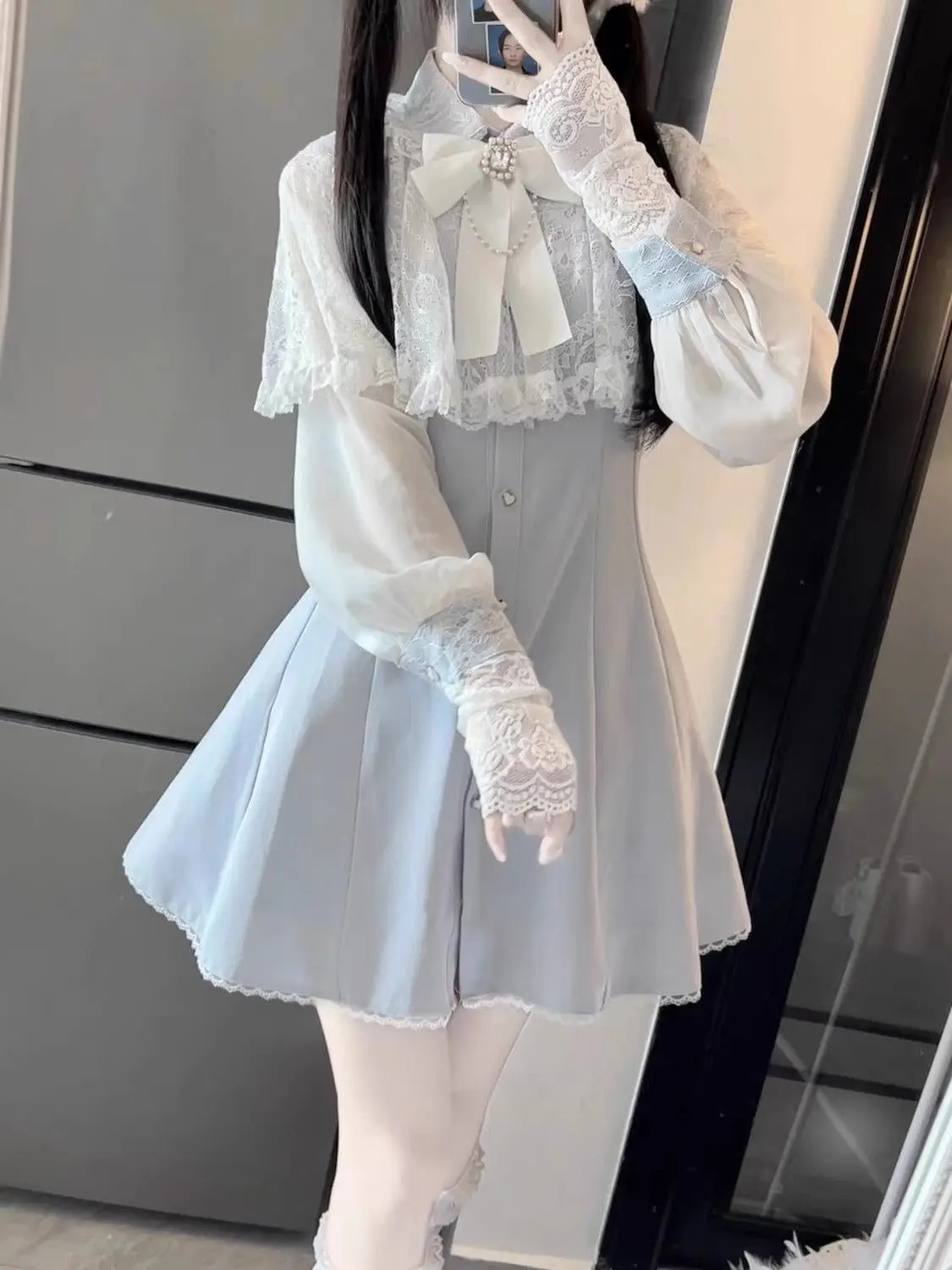 

SOIOMES Japanese Cute Lace Shawl Dress Chiffon Long Sleeve Short A-line Dress