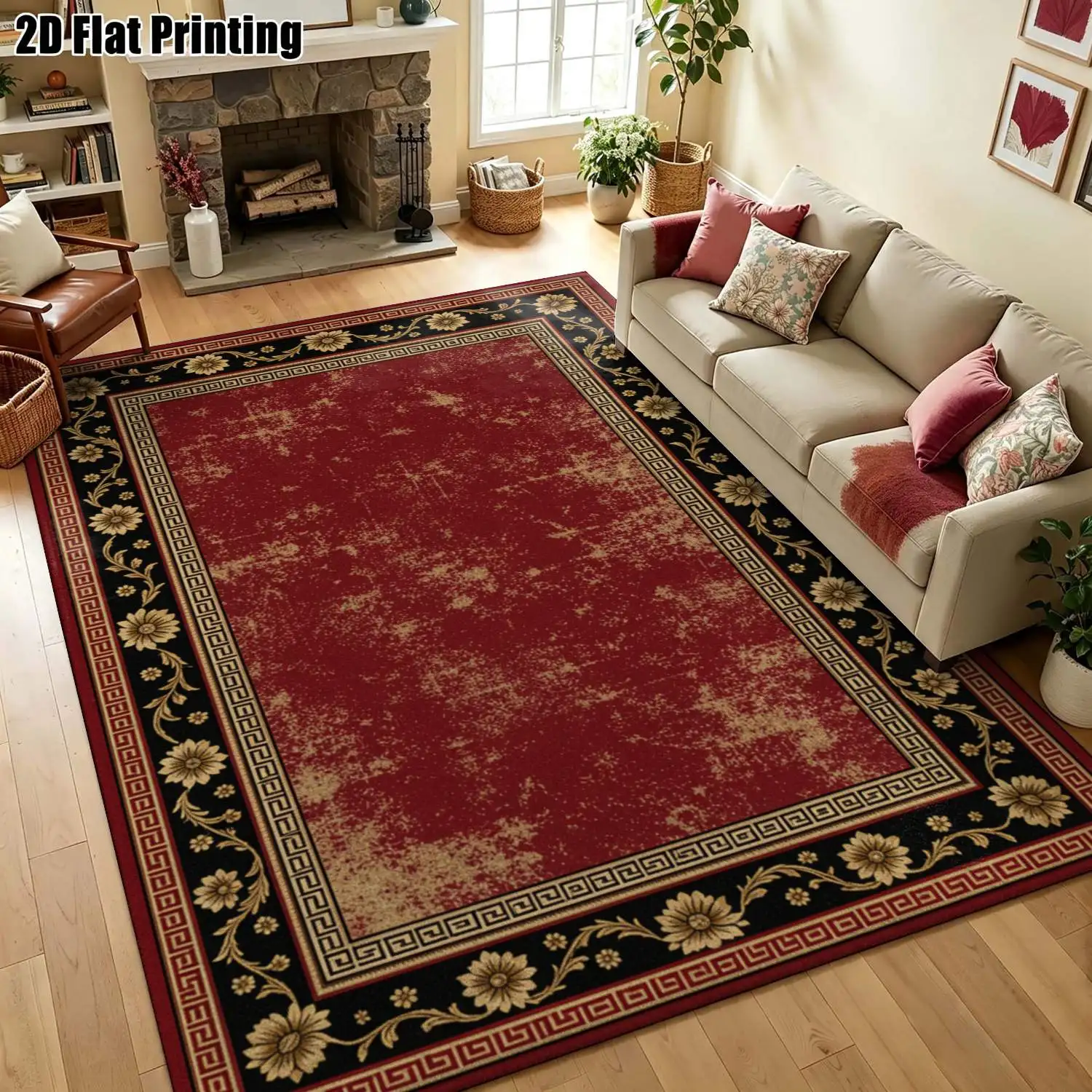 1Pc 2D Printed Retro Sunflower Border Carpet European-Style, Vintage/Geometric/Floral Designs, Multi-Size, Machine Washable, Ideal Home Decor for Entryway, Dining Room, Foyer, Bedroom, Living Room.
