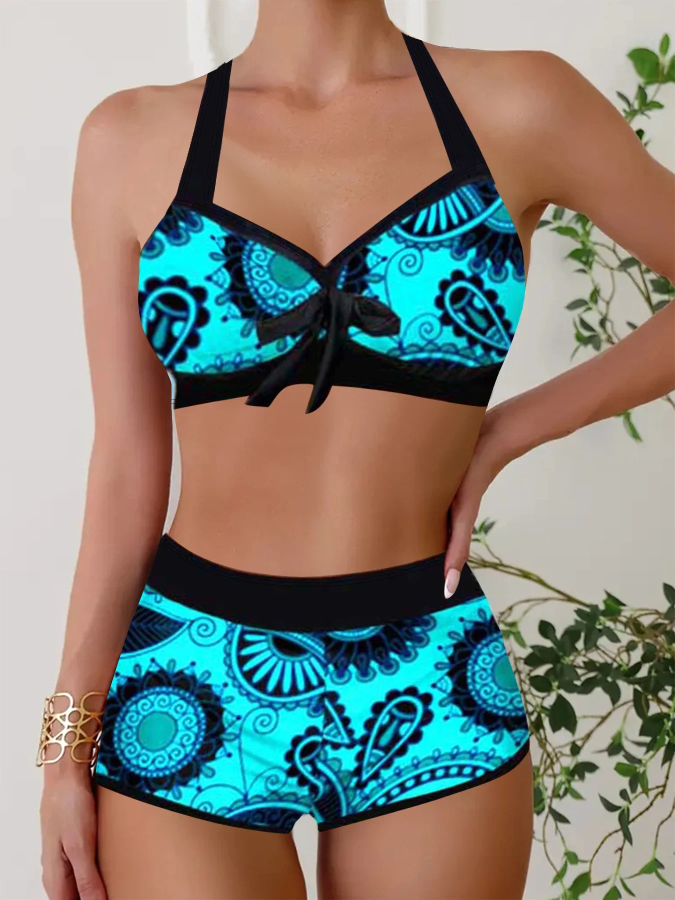 Summer Women's Fluorescent Printed Sexy Swimsuit Bikini Tankini Short Two Piece Swimsuit S-6XL