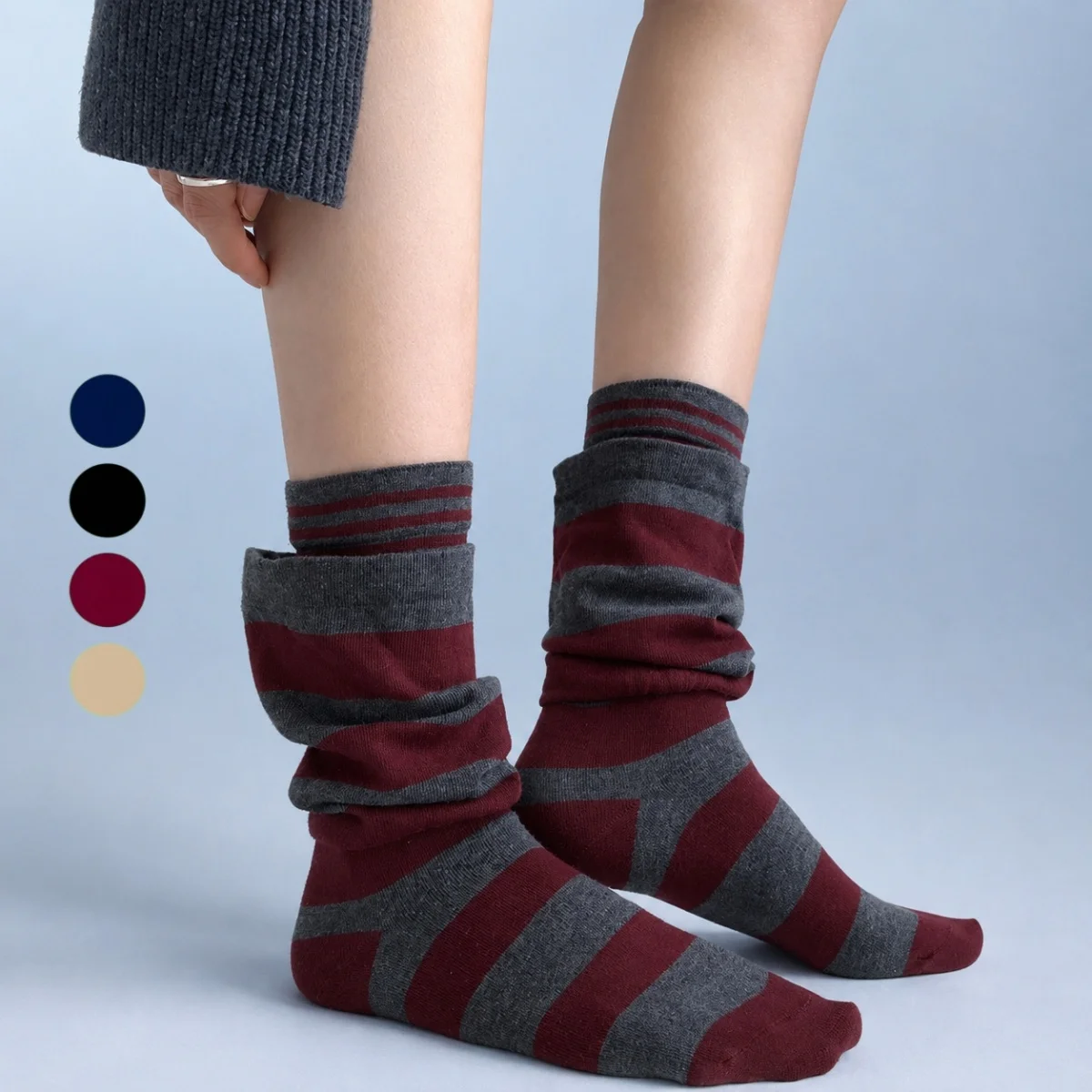 1 Pair of Black/Navy Blue/Khaki/Burgundy Women's Mid-Calf Socks, Striped, Breathable, Moisture-Wicking, Soft, Comfortable, Gentle, Elegant, Interesting, Versatile for Spring, Summer, Autumn, and Winter
