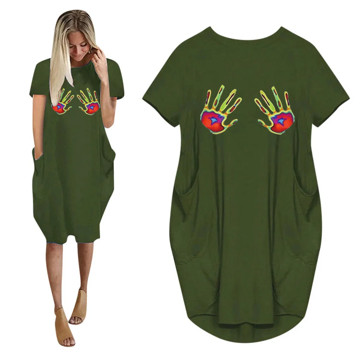

Women's Spring and Summer Fashion Casual Loose Large Handprint Pattern Printed Round Neck Short Sleeve Pocket Dress