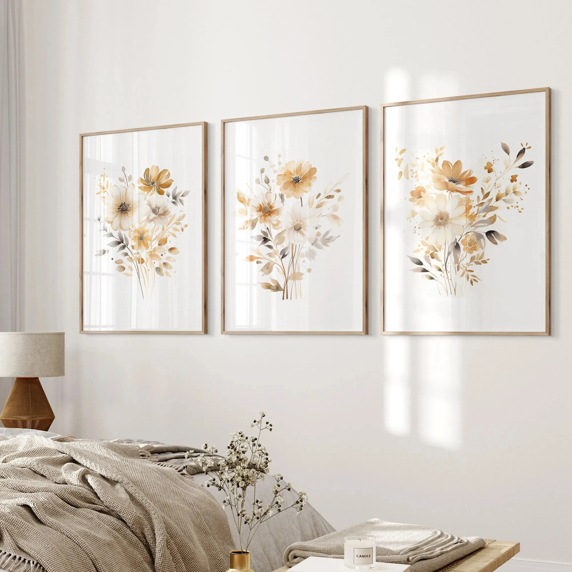 Set of 3 Neutral Watercolor Wildflower Prints / Boho Minimalist Wall Decor / Printable Botanical Wall Art /Branch Prints poster