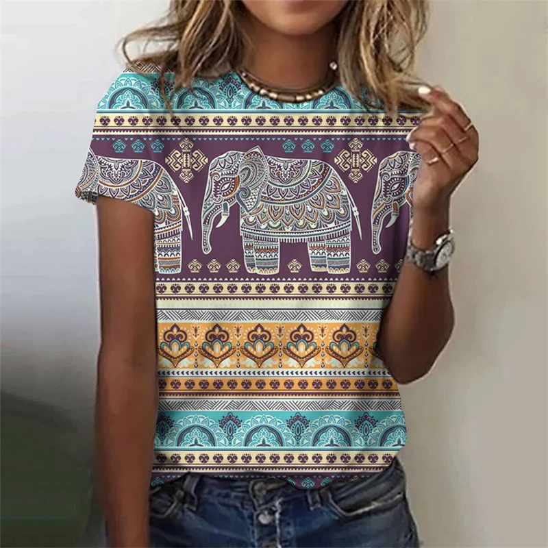 3D Printed Ethnic Elephant T-Shirt For Women Vintage Animal Graphic T Shirts Summer Casual O-Neck Tops Short Sleeve Loose Tees