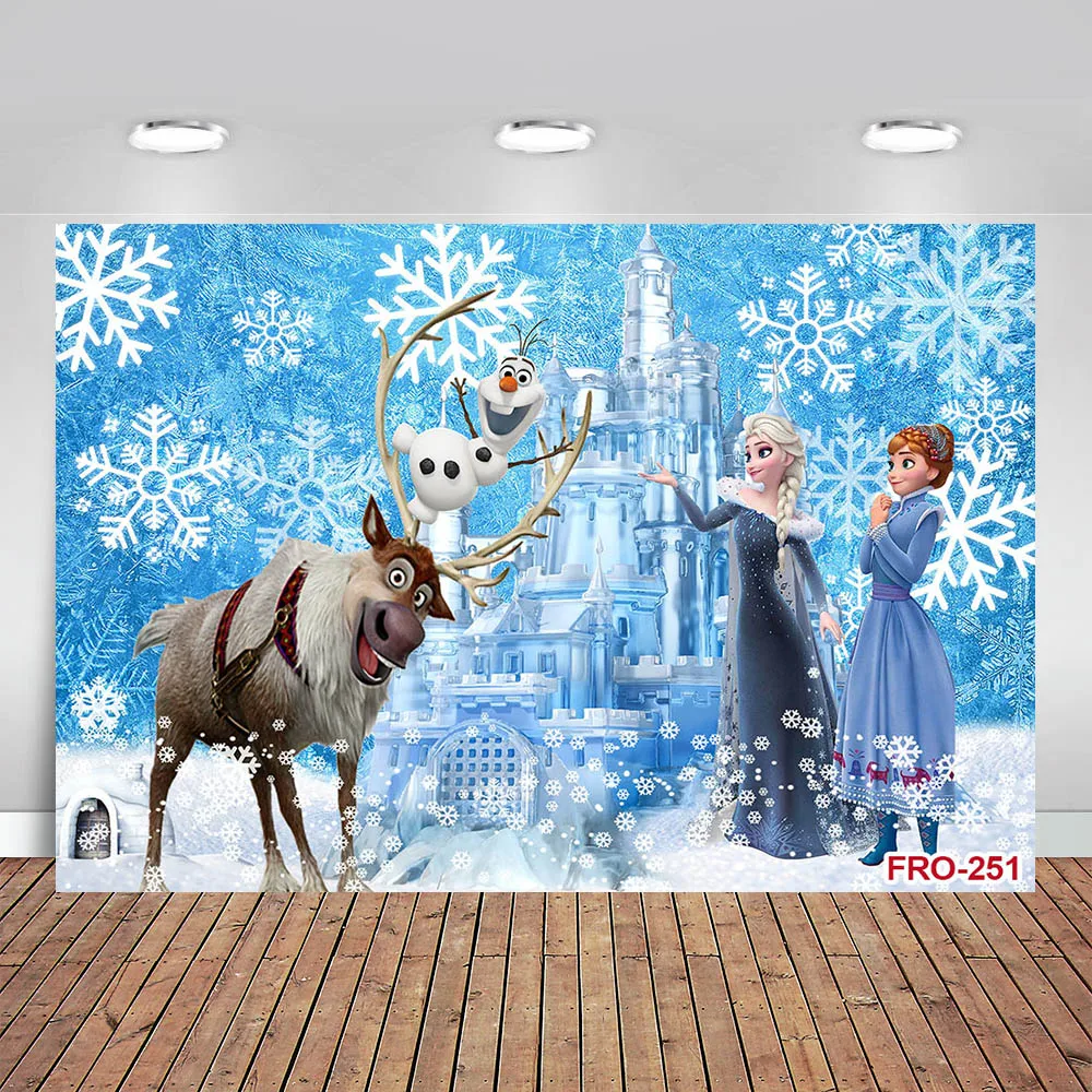 

Disney Custom Frozen Anna Elsa Princess Ice Castle Cartoon Photographic Backdrops for Party Background Birthday Party Decoration