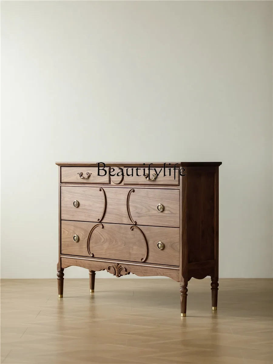 S French Vintage Style North America Black Walnut Five-Drawer Wooden Chest of Drawers Tailstock Storage Cabinet Antique Style