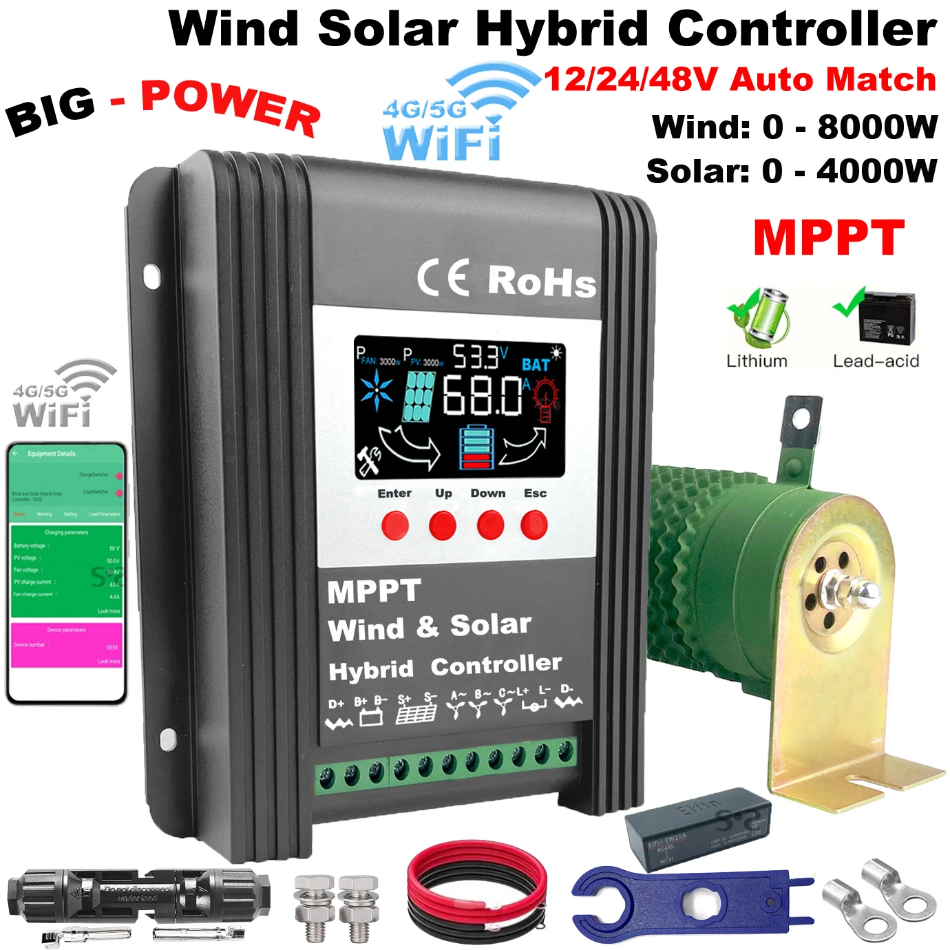 mppt atualizado hibrido controlador solar turbina eolica com built in wifi para lifepo4 bateria completa com display led 6000w 12v24v48v 01