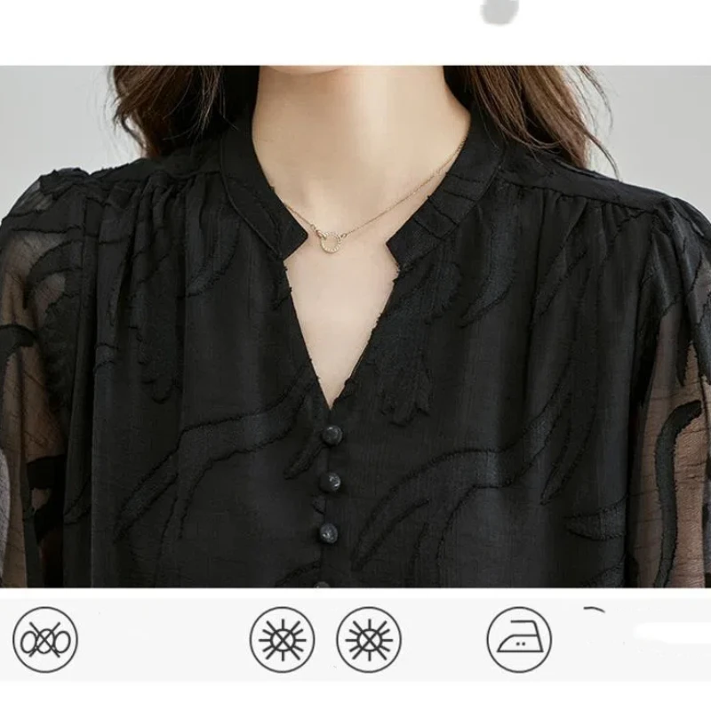 V-Neck Half Sleeve Solid Color Button Pullover Chiffon Women\'s Summer T-shirt Elegant Clothing Office Lady Distressed Tops