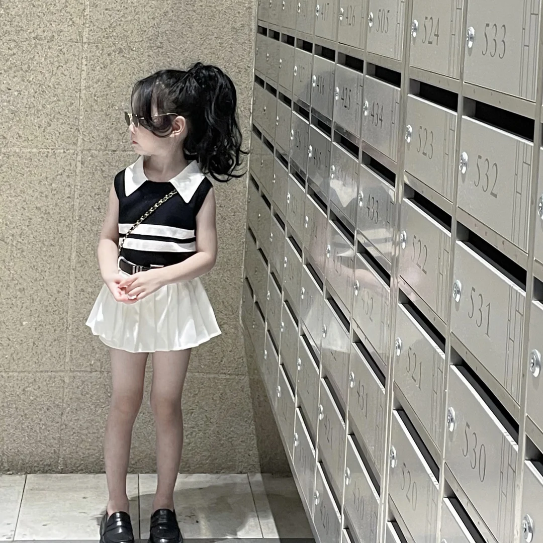 

Girls Summer Outfit Trendy Knitted Polo Shirt plus Pleated Skirt Two-Piece Set Children's Fashionable Clothing Set