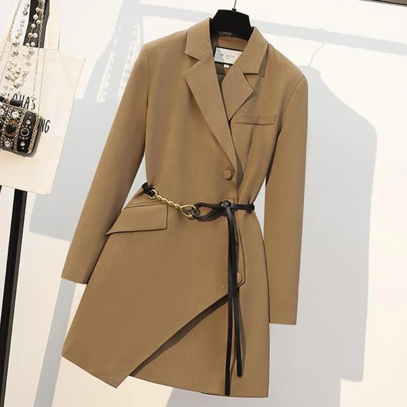 Imagem -02 - Blazer Blusão de Algodão com Cinto para Mulheres Vestido High-end Trench Coat Preto e Cáqui Novo Primavera e Outono 2023 £