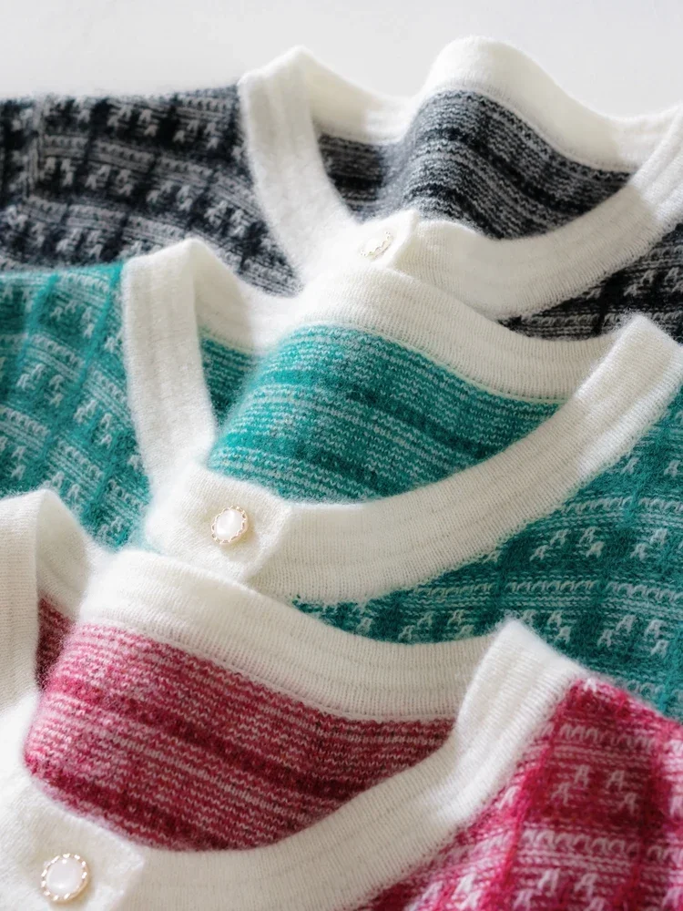 Новые шикарные женские свитера из чистого кашемира, осенне-зимний теплый клетчатый кардиган с v-образным вырезом, 100% кашемировый трикотаж, топы в винтажном стиле